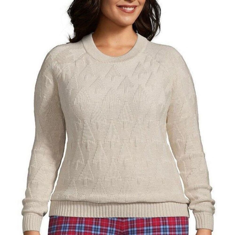Lands’ End Drifter Sweater Ivory Christmas Tree Size M Holiday Classic Old Money